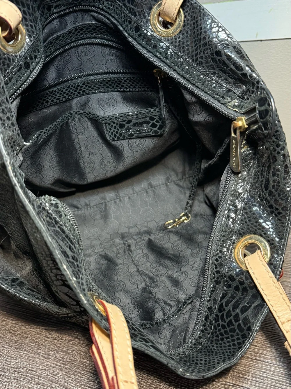 Michael Kors Black Textured Leather Tote with Cream Straps and Gold Hardware